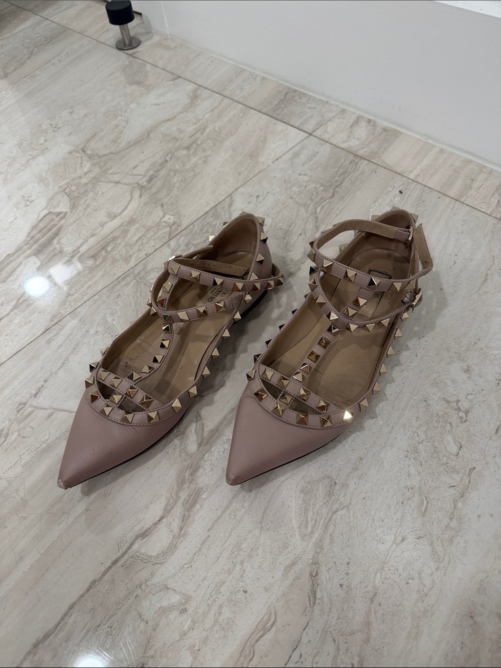 Valentino Garavani Blush Taupe Rockstud Pointed Strap Flats